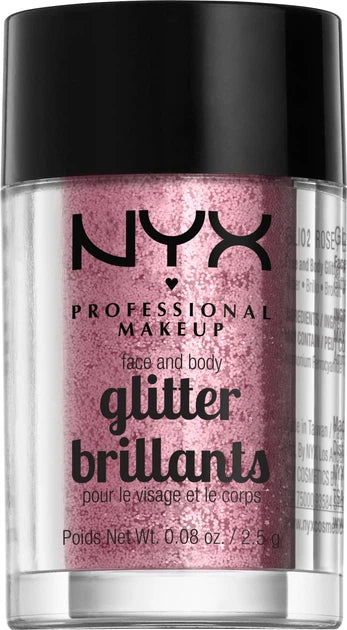 NYX Professional Makeup Face And Body Glitter Brilliants in 02 Rose featuring loose cosmetic glitter in a compact jar for eye, face, and body makeup looks.