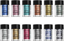 NYX Professional Makeup Face And Body Glitter Brilliants in shade 04 Copper displayed in its signature jar packaging with sparkling loose cosmetic glitter.