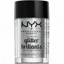 NYX Professional Makeup Face And Body Glitter Brilliants in 07 Ice featuring loose cosmetic glitter in a compact jar for eye, face, and body makeup looks.