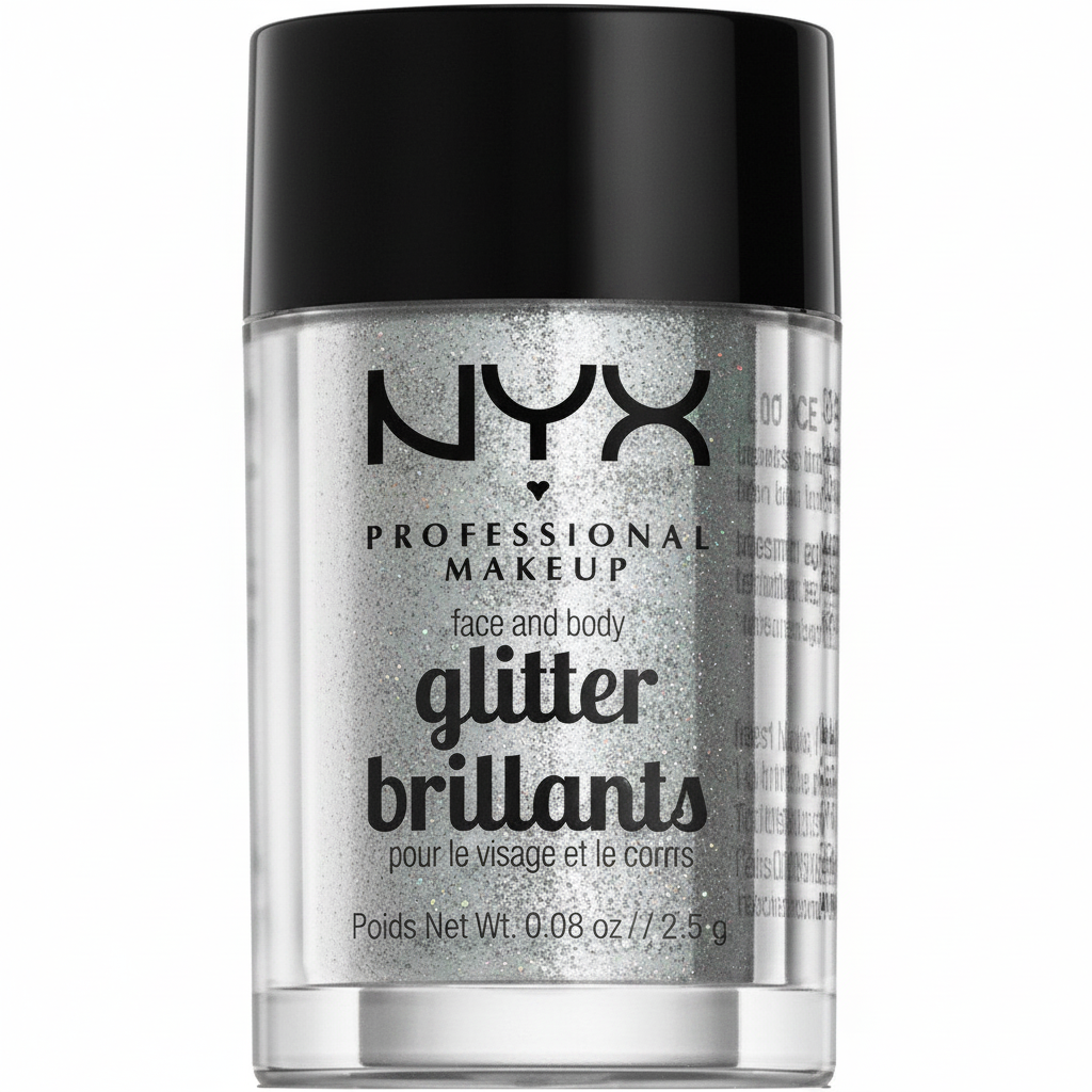 NYX Professional Makeup Face And Body Glitter Brilliants in 07 Ice featuring loose cosmetic glitter in a compact jar for eye, face, and body makeup looks.