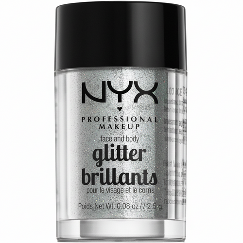 NYX Professional Makeup Face And Body Glitter Brilliants in 07 Ice featuring loose cosmetic glitter in a compact jar for eye, face, and body makeup looks.