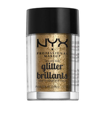 Close-up of NYX Professional Makeup Face And Body Glitter Brilliants in 08 Bronze showcasing fine glitter particles with a warm bronze shimmer and reflective finish.