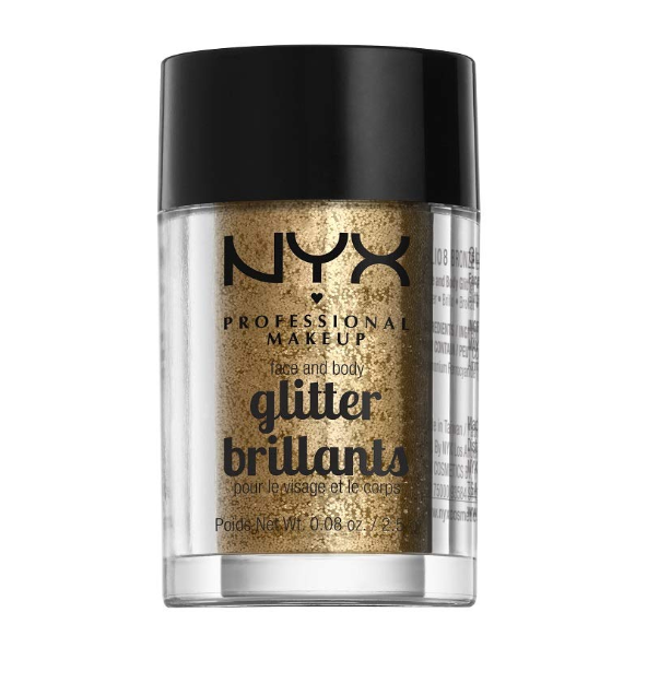 Close-up of NYX Professional Makeup Face And Body Glitter Brilliants in 08 Bronze showcasing fine glitter particles with a warm bronze shimmer and reflective finish.