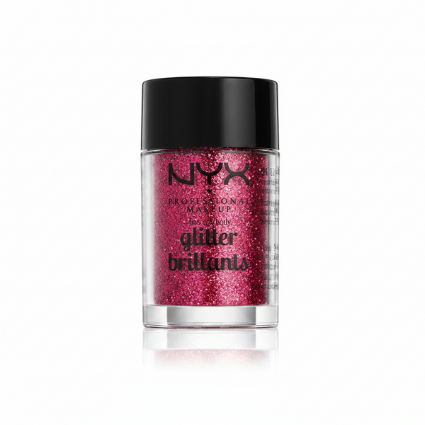 NYX Professional Makeup Face And Body Glitter Brilliants in 09 Red featuring loose cosmetic glitter in a compact jar for eye, face, and body makeup looks.