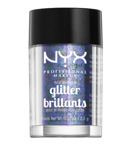 Close-up of NYX Professional Makeup Face And Body Glitter Brilliants in 11 Violet showcasing fine glitter particles with a vibrant violet shimmer and reflective finish.