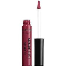 NYX Professional Makeup Glossy Lip Tint in shade 05 Liquid Plum shown with its applicator, highlighting the precision doe-foot wand and smooth liquid tint formula.