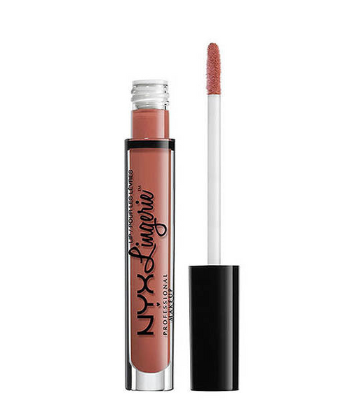 NYX Professional Makeup Lip Lingerie Liquid Lipstick in shade 08 Bedtime Flirt with rich nude color and a smooth matte finish.