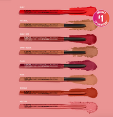 Swatch of NYX Professional Makeup Mechanical Lip Liner in shade Ruby showcasing its vibrant ruby red color, creamy texture, and rich pigmentation.
