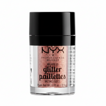 NYX Professional Makeup Metallic Glitter Paillettes in 01 Dubai Bronze featuring loose metallic glitter particles in a compact jar for creative eye and face makeup looks.