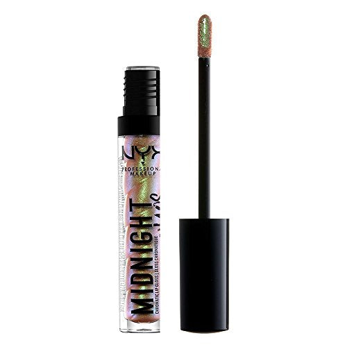 NYX Professional Makeup Midnight Chaos Chromatic Lip Gloss in shade 01 Moonbeam shown with the applicator removed, highlighting its iridescent gloss formula for precise application.