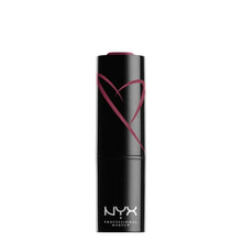 NYX Professional Makeup Shout Loud Satin Lipstick in shade 06 Love Is A Drug shown opened, highlighting the lipstick bullet and its smooth satin finish.