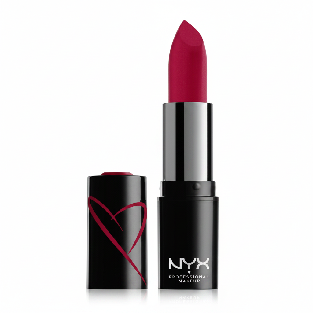 NYX Professional Makeup Shout Loud Satin Lipstick in shade 19 Wife Goals displayed in its lipstick bullet, featuring a creamy satin formula with rich color payoff.
