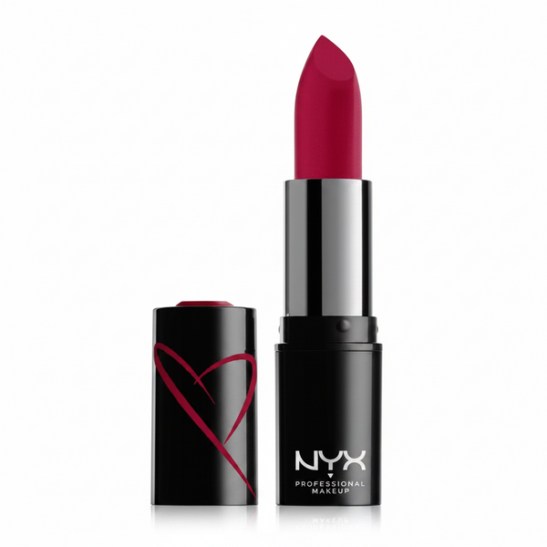 NYX Professional Makeup Shout Loud Satin Lipstick in shade 19 Wife Goals displayed in its lipstick bullet, featuring a creamy satin formula with rich color payoff.