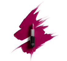 Swatch of NYX Professional Makeup Shout Loud Satin Lipstick in shade 20 Dirty Talk showcasing its rich pigmentation, smooth texture, and creamy satin finish.