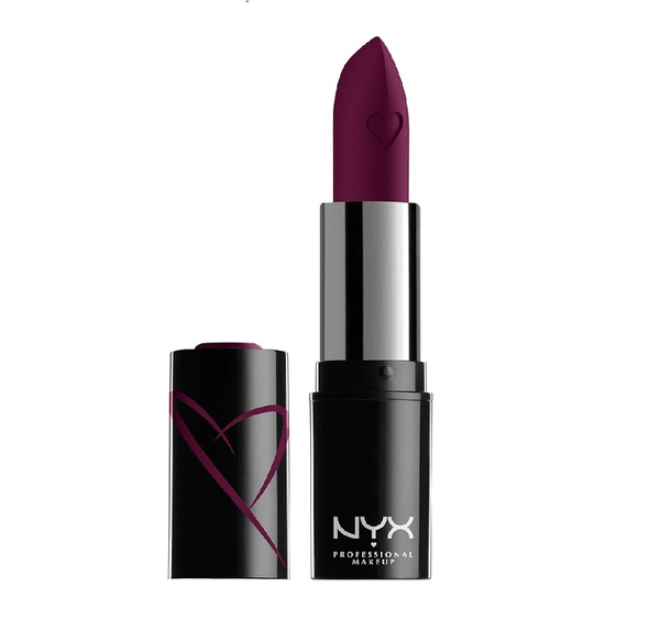 NYX Professional Makeup Shout Loud Satin Lipstick in shade 21 Into The Night displayed in its lipstick bullet, featuring a creamy formula with rich color payoff.