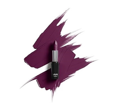 NYX Professional Makeup Shout Loud Satin Lipstick in shade 21 Into The Night shown opened, highlighting the lipstick bullet and its smooth, creamy satin texture.