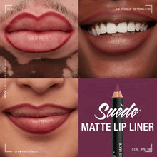 NYX Professional Makeup Suede Matte Lip Liner in shade 58 Girl Bye applied to the lips, highlighting its warm rosy brown color, precise definition, and smooth matte finish.