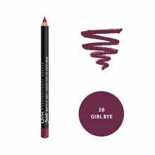 NYX Professional Makeup Suede Matte Lip Liner in shade 58 Girl Bye shown with the pencil tip exposed, highlighting its creamy formula and precise application.