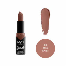 NYX Professional Makeup Suede Matte Lipstick in shade 04 Free Spirit shown opened, highlighting the lipstick bullet and its smooth, velvety matte formula.