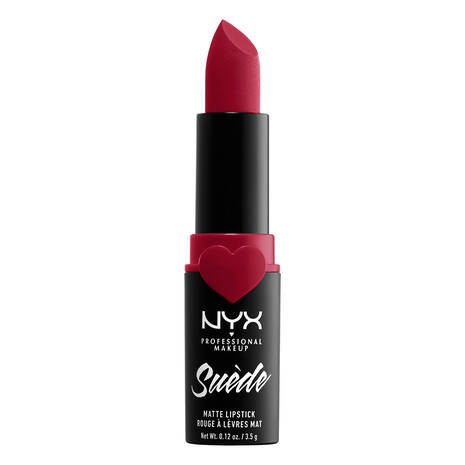 NYX Professional Makeup Suede Matte Lipstick in shade 09 Spicy displayed in its lipstick bullet, featuring a creamy formula with rich color payoff and a matte finish.