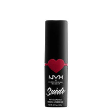 NYX Professional Makeup Suede Matte Lipstick in shade 09 Spicy shown opened, highlighting the lipstick bullet and its smooth, velvety matte texture.