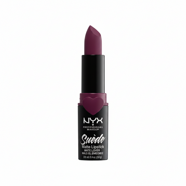 NYX Professional Makeup Suede Matte Lipstick in shade 10 Girl, Bye shown opened, highlighting the lipstick bullet and its smooth, velvety matte formula.