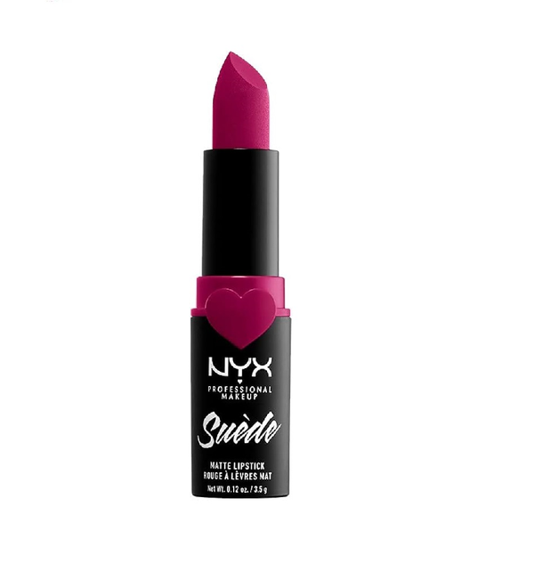 NYX Professional Makeup Suede Matte Lipstick in shade 11 Sweet Tooth displayed in its lipstick bullet, featuring a creamy formula with rich color payoff and a matte finish.