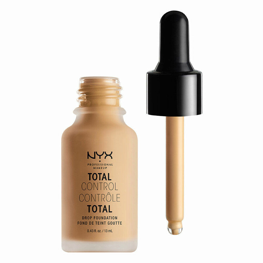 NYX Professional Makeup Total Control Drop Foundation in 08 True Beige featuring a lightweight liquid formula in a glass bottle with a precision dropper for customizable coverage.
