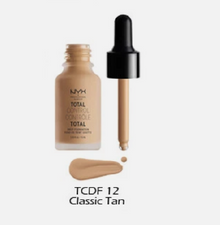 Close-up of NYX Professional Makeup Total Control Drop Foundation in shade 12 Classic Tan showcasing the precision dropper and smooth, blendable liquid foundation.
