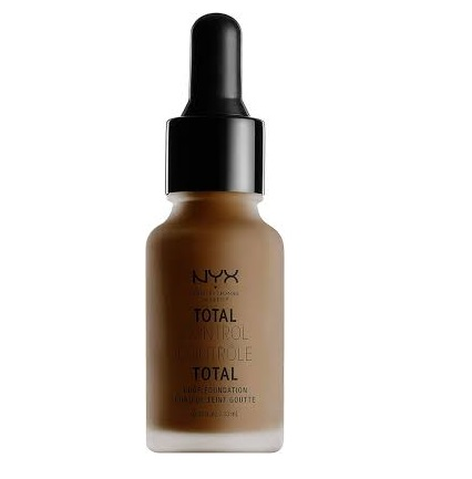 NYX Professional Makeup Total Control Drop Foundation in 23 Chestnut featuring a lightweight liquid formula in a glass bottle with a precision dropper for customizable coverage.
