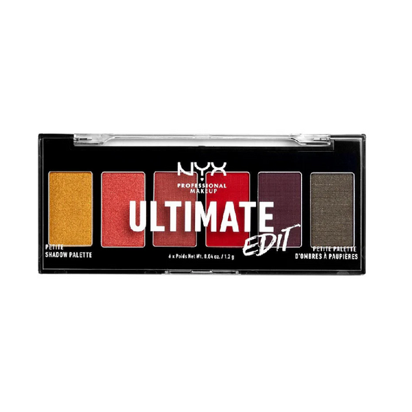 NYX Professional Makeup Ultimate Edit Petite Shadow Palette in shade 03 Phoenix displayed in its palette, featuring six highly pigmented eyeshadow shades in warm, fiery tones.