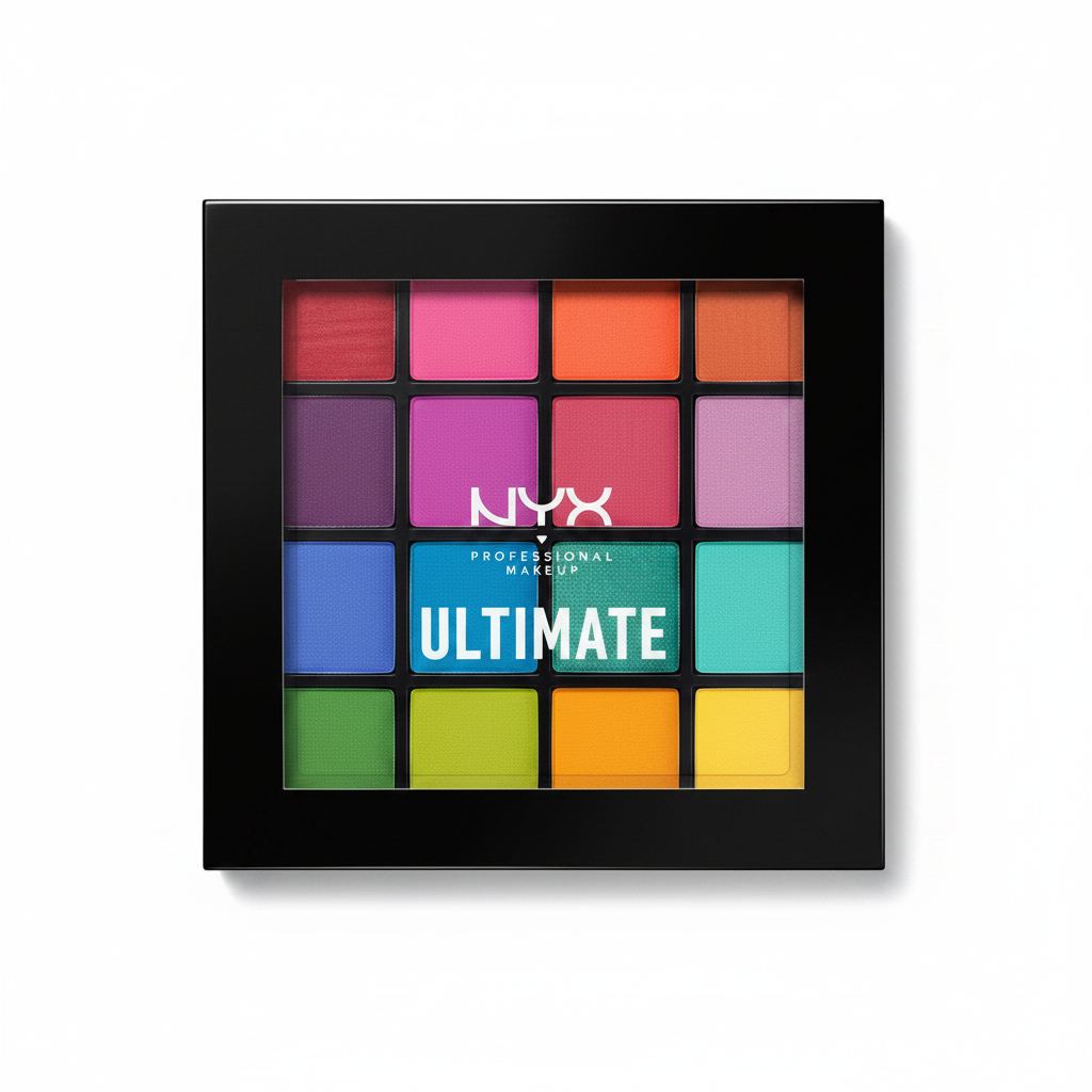 NYX Professional Makeup Ultimate Shadow Palette in 04 Brights featuring a collection of vibrant eyeshadow shades in a compact palette for colorful eye looks.