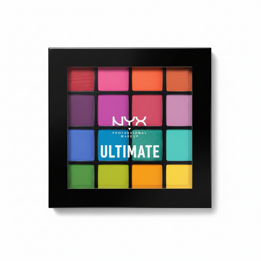 NYX Professional Makeup Ultimate Shadow Palette in 04 Brights featuring a collection of vibrant eyeshadow shades in a compact palette for colorful eye looks.