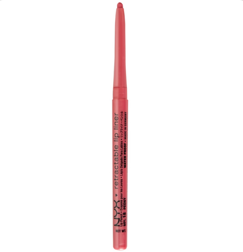 NYX Retractable Lip Liner in shade Peony displayed as a retractable lip pencil, featuring a creamy long-lasting formula for defining and outlining the lips.