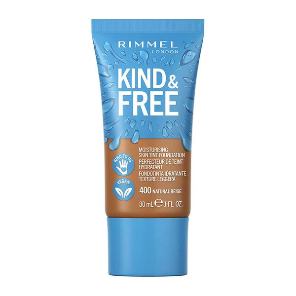 Rimmel Kind & Free Tint in shade 400 Natural Beige displayed in its bottle, featuring a lightweight skin tint that provides natural-looking coverage.