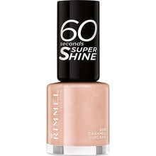 Rimmel London 60 Seconds Super Shine Nail Polish in shade 500 Caramel Cupcake with a glossy finish and rich caramel nude color.
