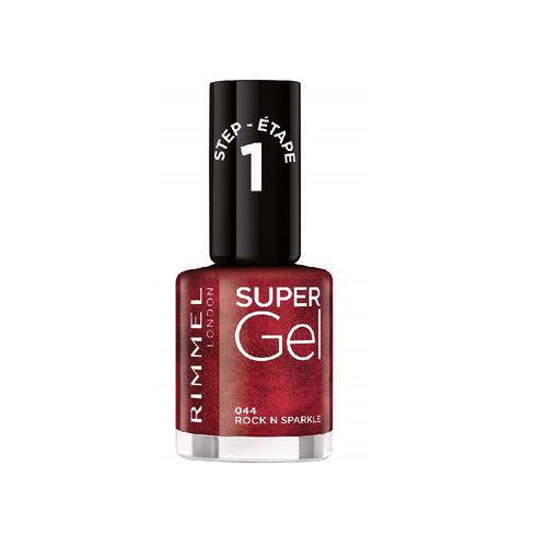 Rimmel London Super Gel Nail Polish in shade 044 Rock N Sparkle Dark Red with rich color and a glossy gel-like finish.