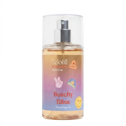 Telofill Beachy Bliss Body Mist 100ml displayed clearly, highlighting the product packaging, name, size, and fruity summer fragrance.