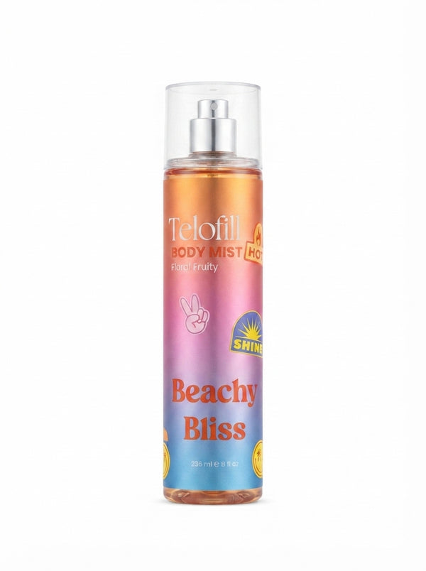 Telofill Beachy Bliss Body Mist 235ml displayed clearly, highlighting the product packaging, name, size, and fruity summer fragrance.