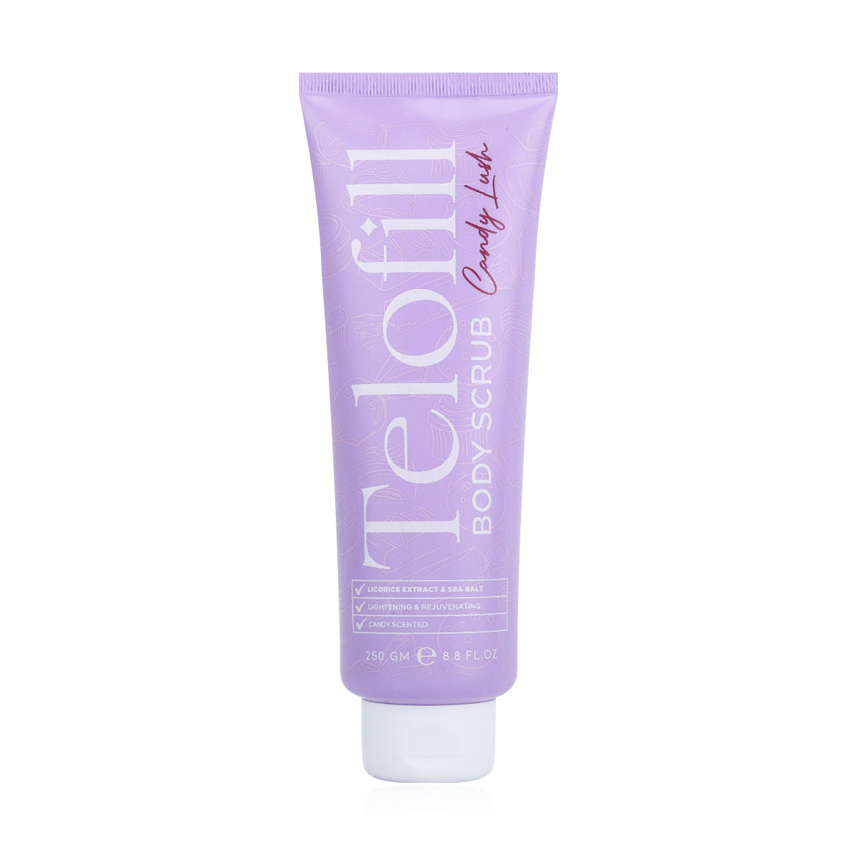 Telofill Candy Lush Body Scrub 250g displayed clearly, highlighting the product packaging, name, size, and exfoliating body care formula.