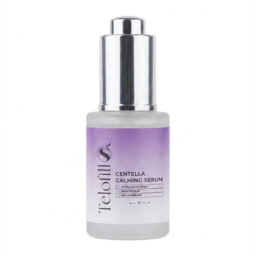 Telofill Centella Calming Serum 30ml displayed clearly, highlighting the product packaging, name, size, and soothing skincare formula.