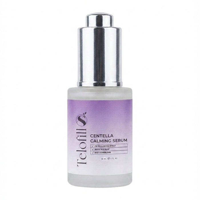 Telofill Centella Calming Serum 30ml displayed clearly, highlighting the product packaging, name, size, and soothing skincare formula.