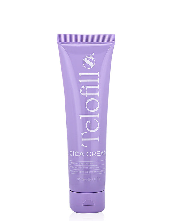 Telofill Cica Cream 50g displayed clearly, highlighting the product packaging, name, size, and soothing barrier repair formula.