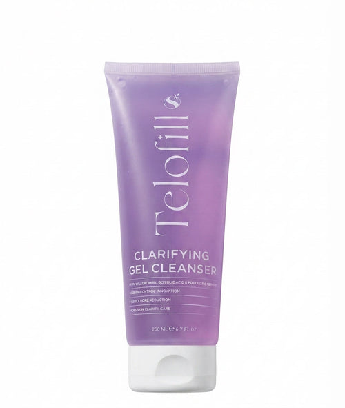 Telofill Clarifying Gel Cleanser 200ml displayed clearly, highlighting the product packaging, name, size, and clarifying face wash formula.
