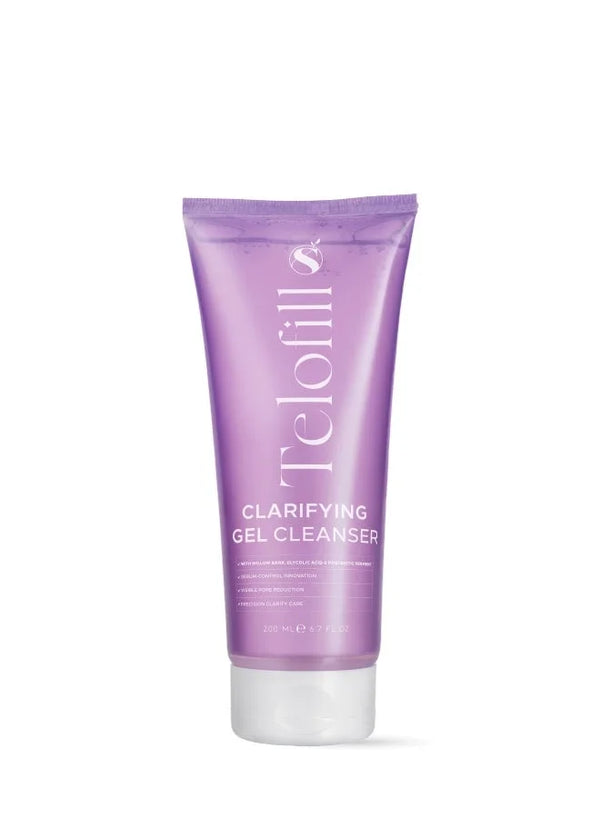Telofill Clarifying Gel Cleanser 200ml displayed clearly, highlighting the product packaging, name, size, and clarifying formula.