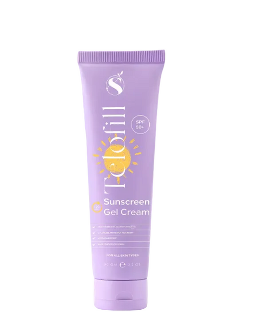Telofill Sunscreen Gel Cream SPF 50 helping protect the skin from UVA and UVB rays with a lightweight finish.