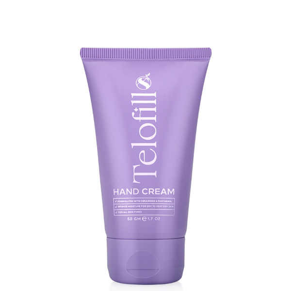 Telofill Hand Cream 50g displayed clearly, highlighting the product packaging, name, size, and intensive moisturizing formula.