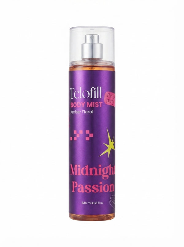 Telofill Midnight Passion Body Mist 236ml displayed clearly, highlighting the product packaging, name, size, and fragrance profile.