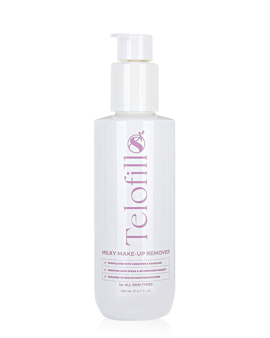 Telofill Milky Makeup Remover 200ml displayed clearly, highlighting the product packaging, name, size, and gentle makeup cleansing formula.