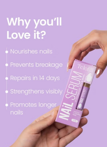 Telofill Nail Serum 4ml shown clearly, highlighting its formula with biotin, zinc, collagen, and vitamin A for nail care.